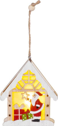 Vianočná dekorácia Santa v domčeku, LED, závesná, 9x3x10,4 cm