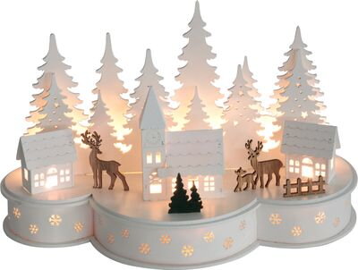 Dekorácia MagicHome Vianoce, Dedinka s jeleňmi, 10 LED teplá biela, 2xAA, MDF, 30x14x19,5 cm